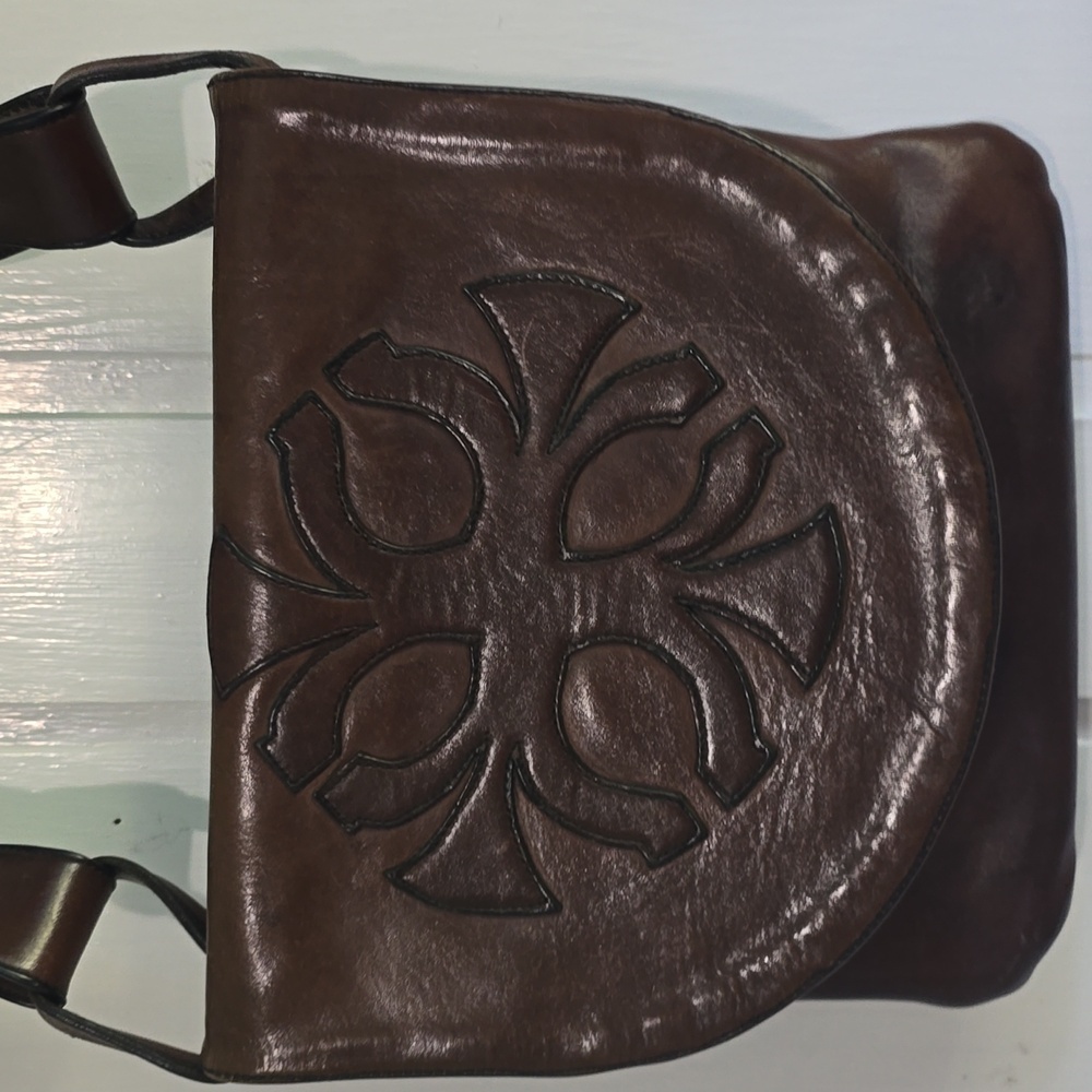 70s Vintage Handcrafted Burnished Brown Leather Flap Front Satchel Shoulder Bag